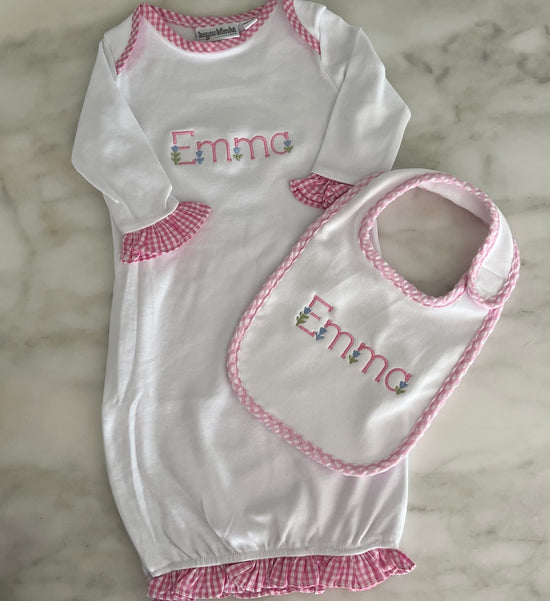 Pink Gingham Gown and Bib Gift Set