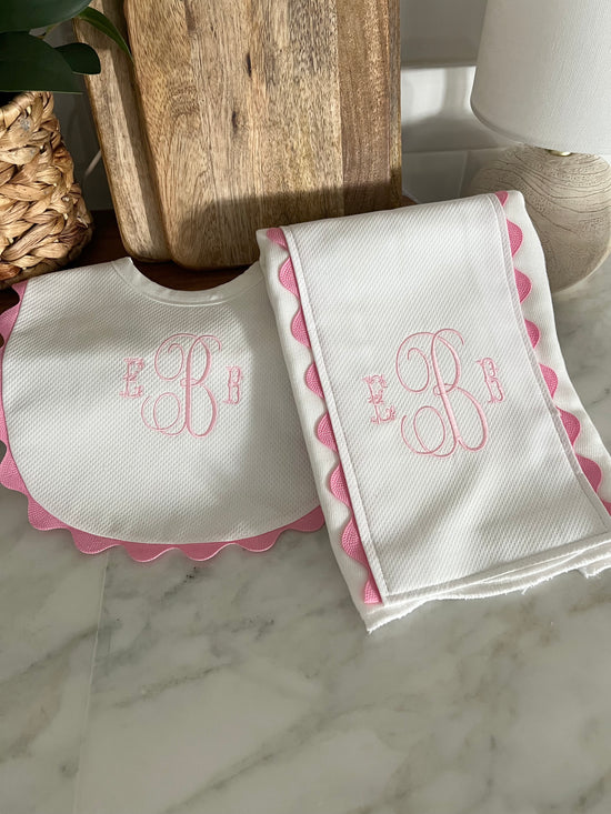 Bib and Burpcloth Set :  Pink Ric Rac Trim